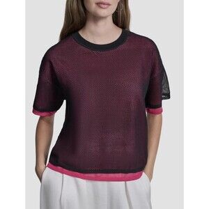 DKNY Sport Mesh Overlay Top Women size Small Black Hot Pink Layered Crewneck